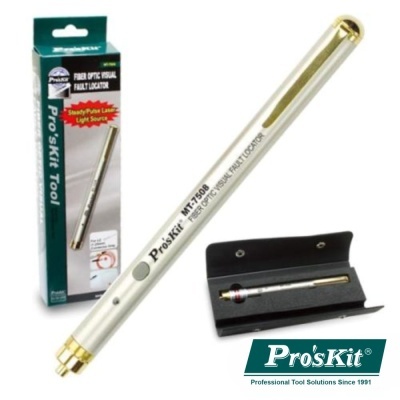 Localizador visual de falhas de fibra ótica Pro'sKit em metal dourado com estojo e embalagem verde.