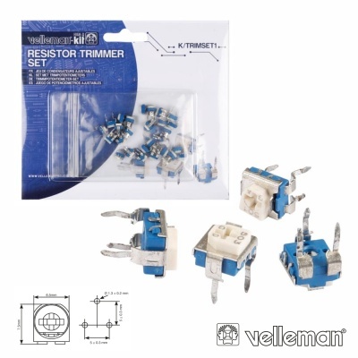 Kit de resistência trimmer Velleman azul e branco com terminais metálicos em embalagem