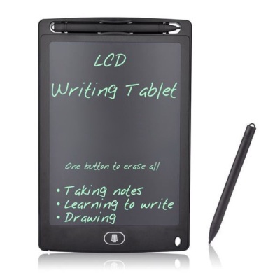 Tablet de escrita LCD preto com caneta e texto verde-água na tela