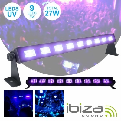 Barra de luz UV LED preta com 9 LEDs em fundo de discoteca e logo ibiza SOUND