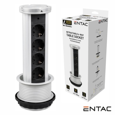 Tomada de mesa retrátil 4 vias cinza e preto com caixa