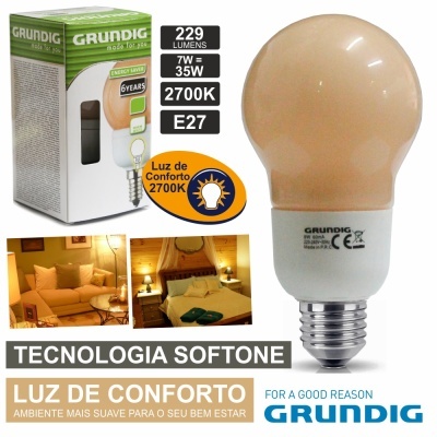 Lâmpada LED Grundig E27 7W 2700K com embalagem e imagens de ambientes iluminados