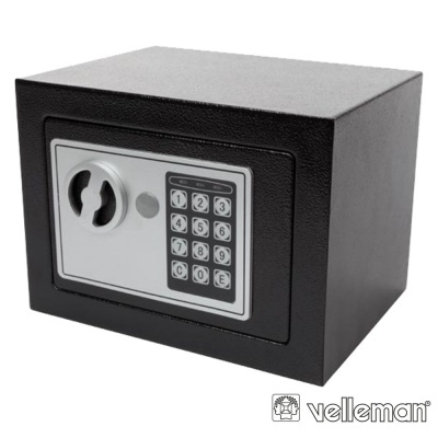 Cofre eletrônico preto com teclado numérico e botão de abertura