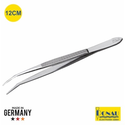 Pinça metálica curva 12 cm com ranhuras, MADE IN GERMANY, logotipo Donau Elektonik.