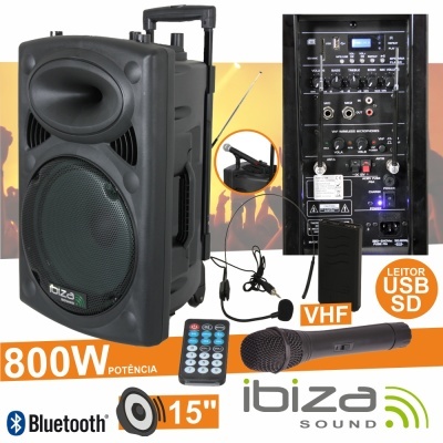 Coluna de som portátil preta Ibiza Sound com acessórios e etiquetas de potência e conectividade
