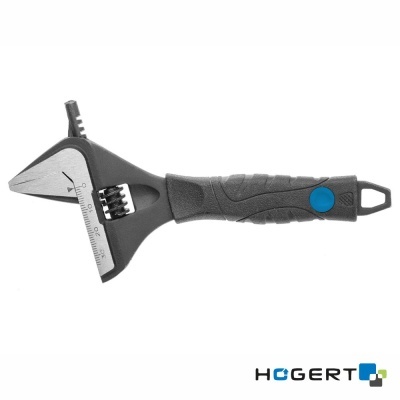 Chave inglesa ajustável preta e azul com escala métrica