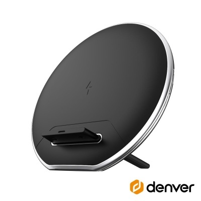 Carregador sem fios redondo preto com suporte e logótipo Denver