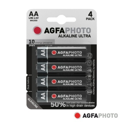 pack de 4 pilhas AA AGFAPHOTO Alkaline Ultra em embalagem com texto sobre energia e durabilidade