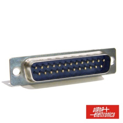 Conector DB25 macho com 25 pinos dourados em fundo branco e logótipo alpha+ elettronica