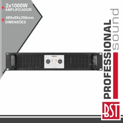 Amplificador profissional preto BST BL100 com controlos frontais e texto de especificações