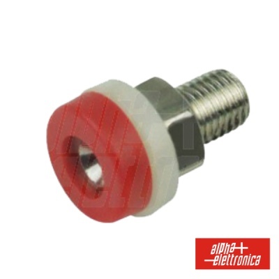 Parafuso metálico com cabeça vermelha e anel branco, isolador plástico.