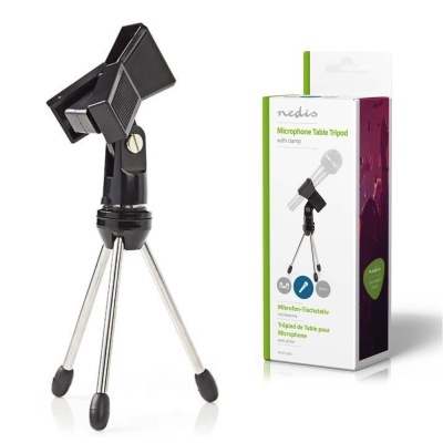 Tripé de mesa para microfone preto com pernas metálicas ao lado da embalagem