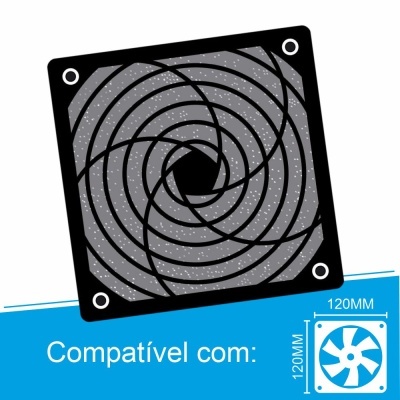 Filtro para ventoinha quadrada preta com padrão em espiral e texto 'Compatível com:' em fundo azul