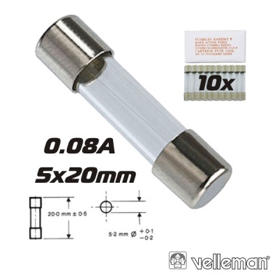 Fusível de vidro com pontas metálicas e embalagem com 10 unidades