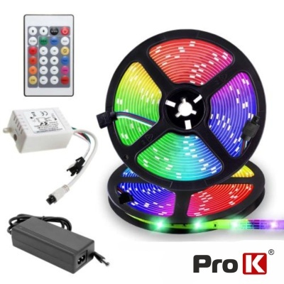 Kit de iluminação LED RGB com fita colorida, comando remoto, fonte de alimentação e transformador