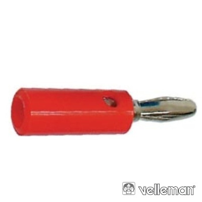 Conector banana vermelho com parte metálica prateada e marca Velleman