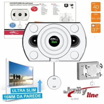 Suporte de parede branco para TV fino com partes pretas e instruções visíveis