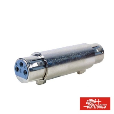 Adaptador metálico prateado com quatro orifícios na frente e logotipo 'alpha elettronica' no canto
