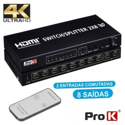 Comutador e splitter HDMI ProK 2 entradas 8 saídas com comando remoto