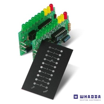 Circuito impresso com LEDs coloridos e cartão de medição preto com escala e texto.