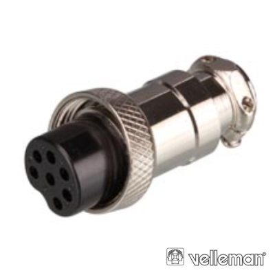 Conector circular metálico e plástico de cinco pinos com acabamento prateado e preto