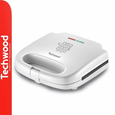 Máquina de sanduíches branca Techwood com luzes indicadoras e ilustração de robot