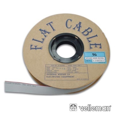 Rolo de cabo plano cinza com etiquetas e texto FLAT CABLE