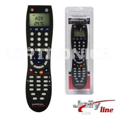 Comando universal preto com ecrã LCD e teclas coloridas na embalagem