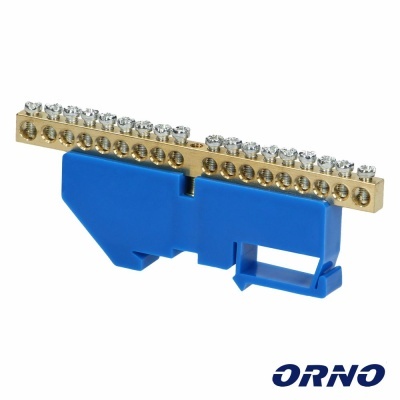 Conector elétrico em barra de cobre com base azul e parafusos prateados