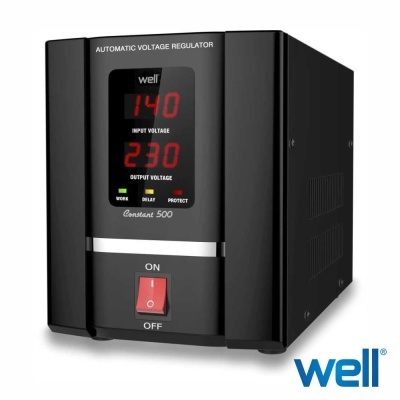 Regulador automático de voltagem preto Well Constant 500 com visor digital e botão de ligar/desligar