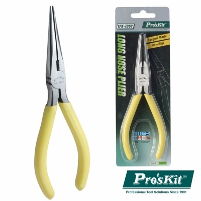 Alicate de ponta fina com pega amarela e embalagem cartão verde Pro'sKit