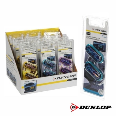 Clips para ventilação de carro Dunlop em embalagens plásticas azul e roxo numa caixa expositora amarela e branca