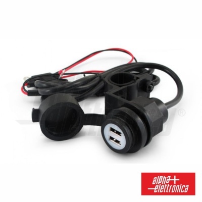 Tomada dupla USB preta com tampa e cabo