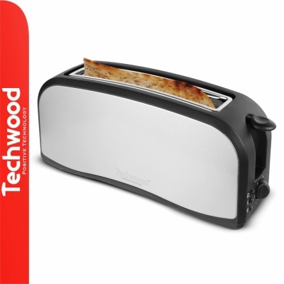 torradeira inox preta Techwood com fatia de pão a tostar