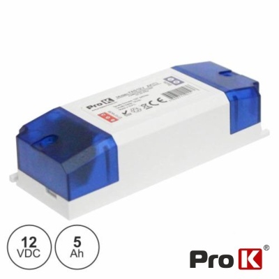 Transformador elétrico branco com tampas azuis e etiquetas Pro K 12 VDC 5 Ah