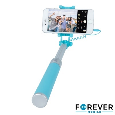 Selfie stick azul e cinza com telemóvel branco a tirar foto de grupo