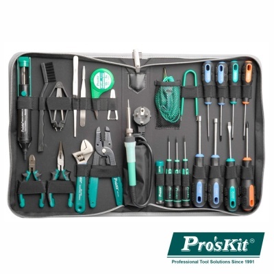 Estojo aberto com conjunto de ferramentas Pro'sKit coloridas organizadas.