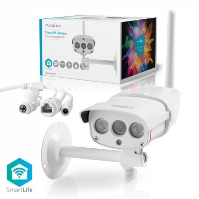 Câmara IP inteligente Nedis branca com antena e cabos de conexão