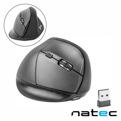 Rato ergonómico vertical sem fios preto com botão de scroll e conector USB