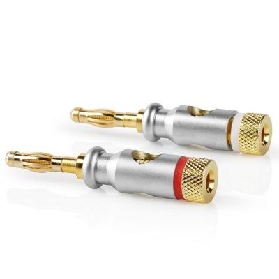 Dois conectores banana para áudio com anéis azul e vermelho e acabamento metálico