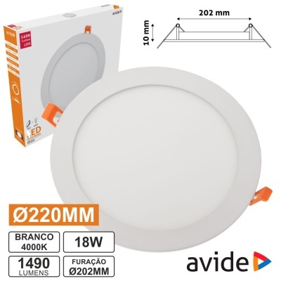 Luz LED redonda branca de 220 mm com ganchos laranja e embalagem da marca avide