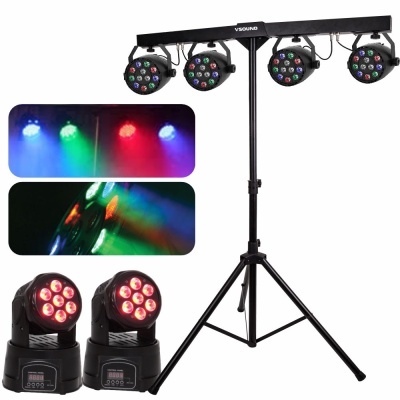 conjunto de iluminação de palco com refletores coloridos e suporte tripé