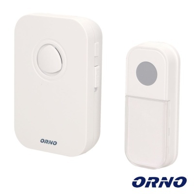 Campainha eletrónica branca ORNO com duas peças, botões circulares, cantos arredondados