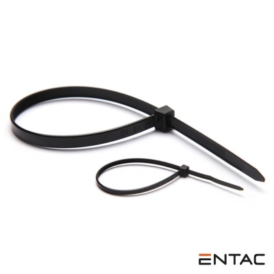 Braçadeiras de plástico pretas de dois tamanhos em fundo branco com a marca ENTAC