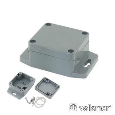 Caixa de projetor cinzenta com acessórios e logótipo Velleman