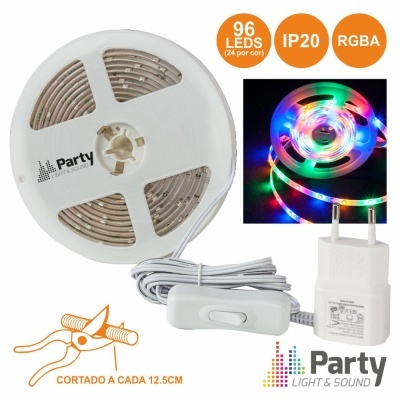 Rolo de fita LED RGB colorida com fonte e botão de ligar/desligar