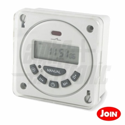 Temporizador digital branco com visor e botões pretos