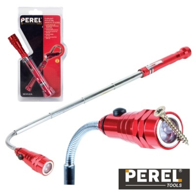 Lanterna de inspeção telescópica vermelha metálica com cabo flexível prateado e embalagem blister