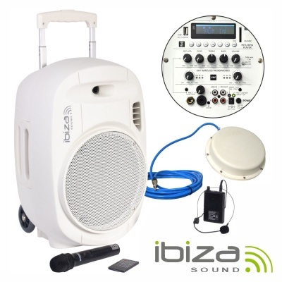 Coluna de som portátil branca com microfone e painel de controlo