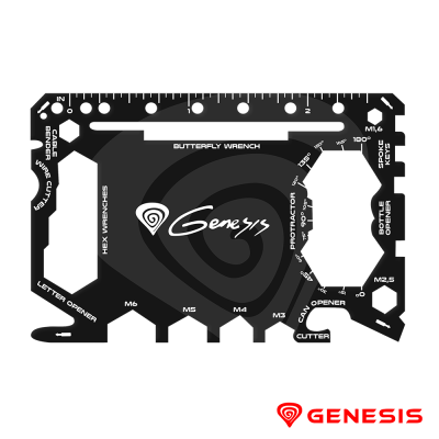 Ferramenta multifunções preta em formato de cartão com várias funções marcadas